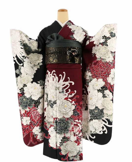 参列振袖[片身替わり]エンジ×黒に白黒赤の牡丹、乱菊[身長160cmまで]No.1100